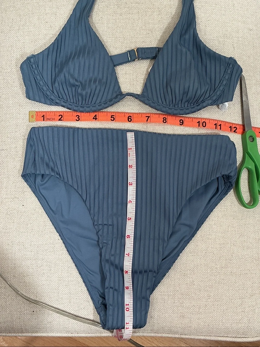 NWT L*SPACE Ribbed High-Waist Bikini Set Slate Blue Underwired Halter Bra Sz S